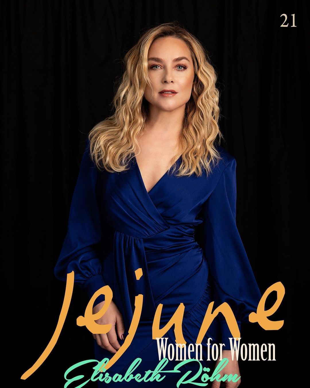 Elisabeth Röhm on the cover of Jejune Magazine issue 21, Women for Women, in a cobalt satin wrap dress, styled by Quentin Fears