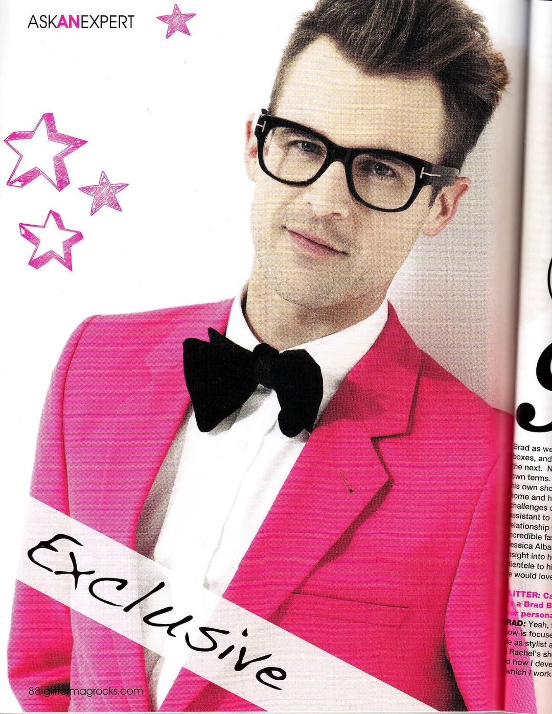 Glitter Magazine page 88: Brad Goreski in a pink jacket, black bow tie, and glasses, marked Exclusive
