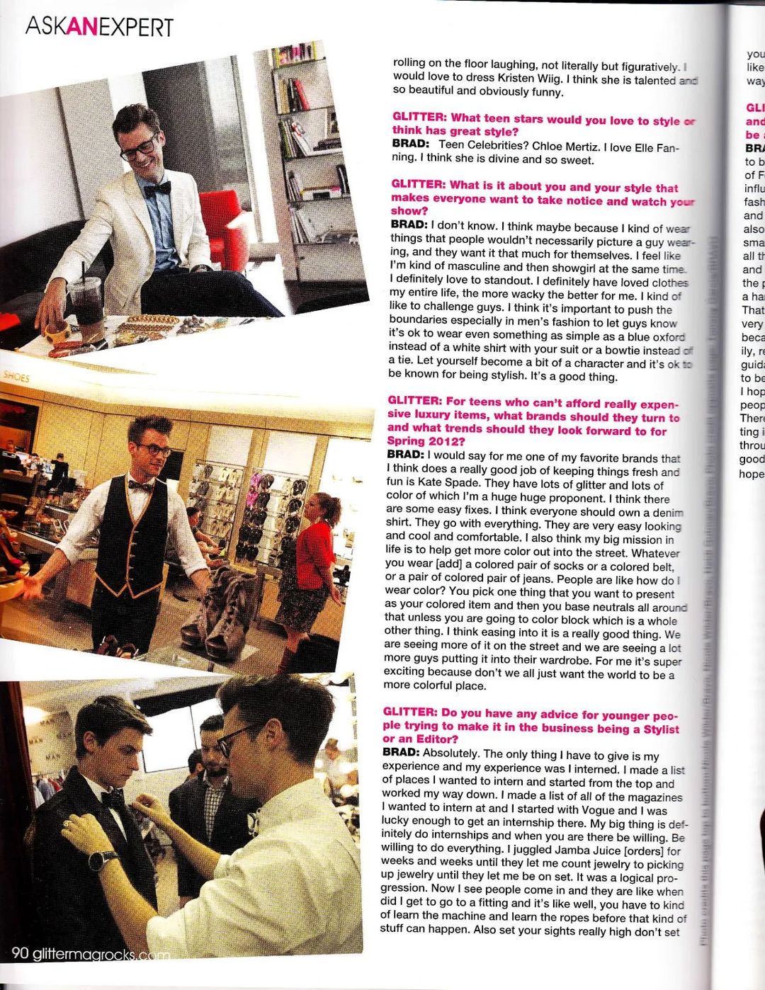 Glitter Magazine page 90: Brad Goreski at work in three photographs beside the interview