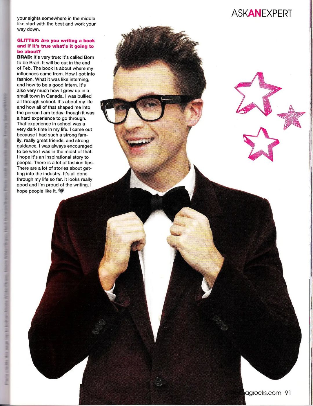Glitter Magazine page 91: Brad Goreski in a burgundy velvet jacket and bow tie beside the interview's close