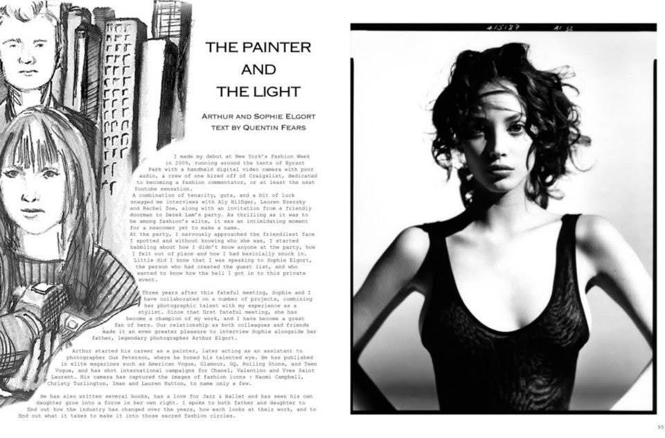 The Painter and the Light by Quentin Fears, opening spread in Visionarios Magazine: illustrated portraits of Arthur and Sophie Elgort beside Arthur Elgort's portrait of Christy Turlington