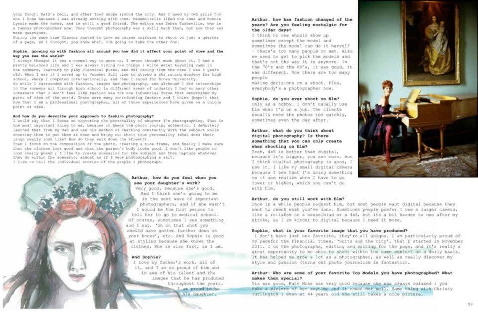 The Painter and the Light, pages 98 and 99 of Visionarios Magazine: an illustrated portrait and a color photograph of a model in a gilded period room beside the interview's close
