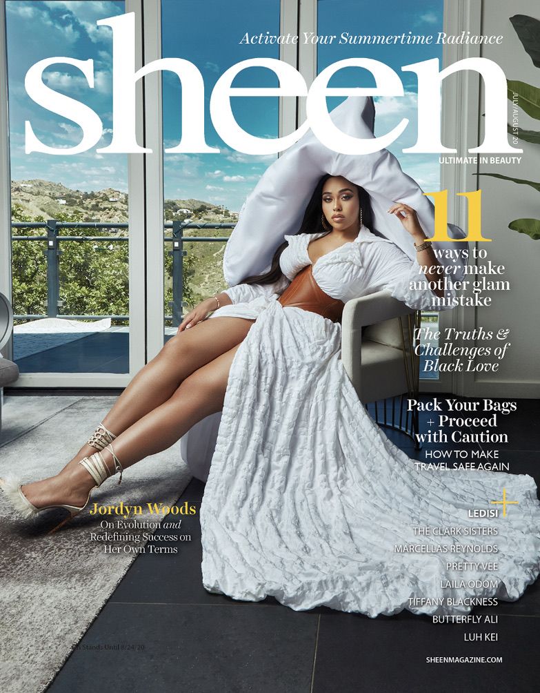 Sheen Magazine July/August 2020 cover with Jordyn Woods, with Marcellas Reynolds among the cover lines
