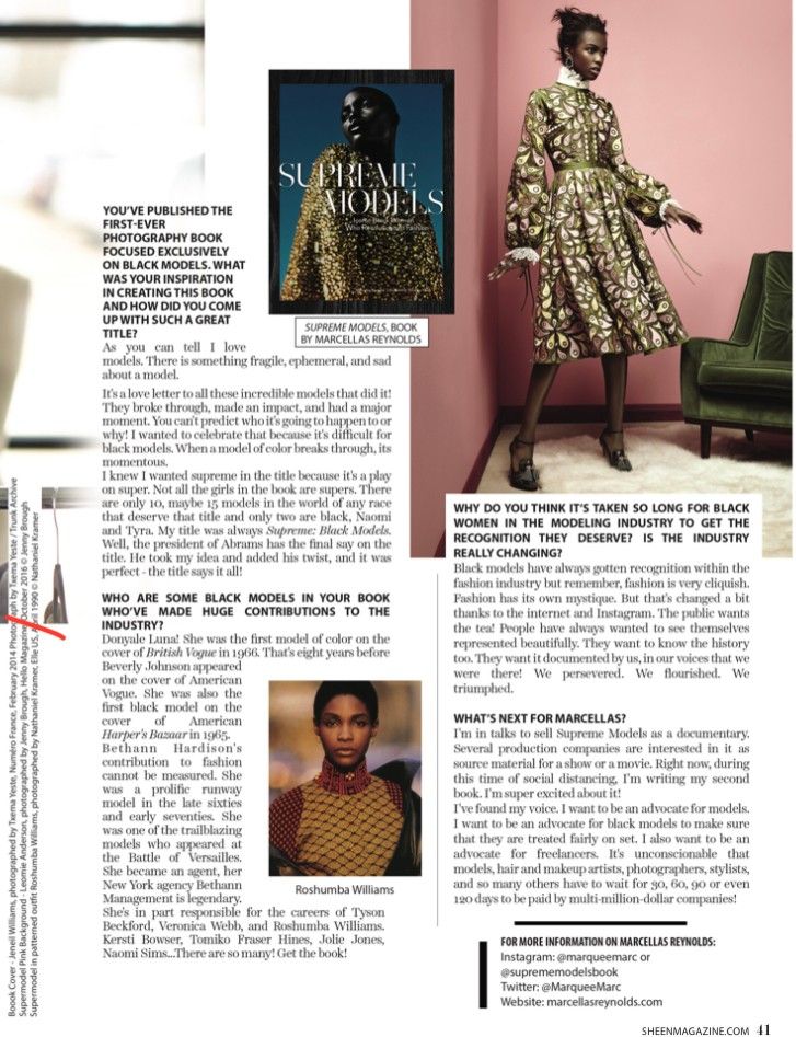 Supreme Force, page 41 of Sheen Magazine: the Supreme Models book cover, Roshumba Williams, and the interview's close