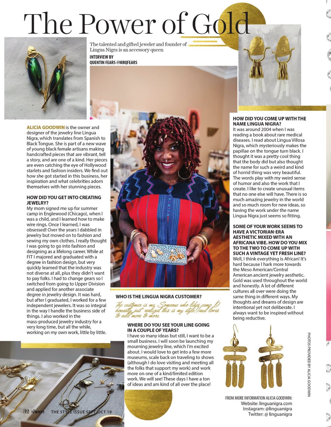 The Power of Gold, page 32 of Sheen Magazine: Alicia Goodwin in her studio holding a tray of gold jewelry, with Lingua Nigra earrings around the interview