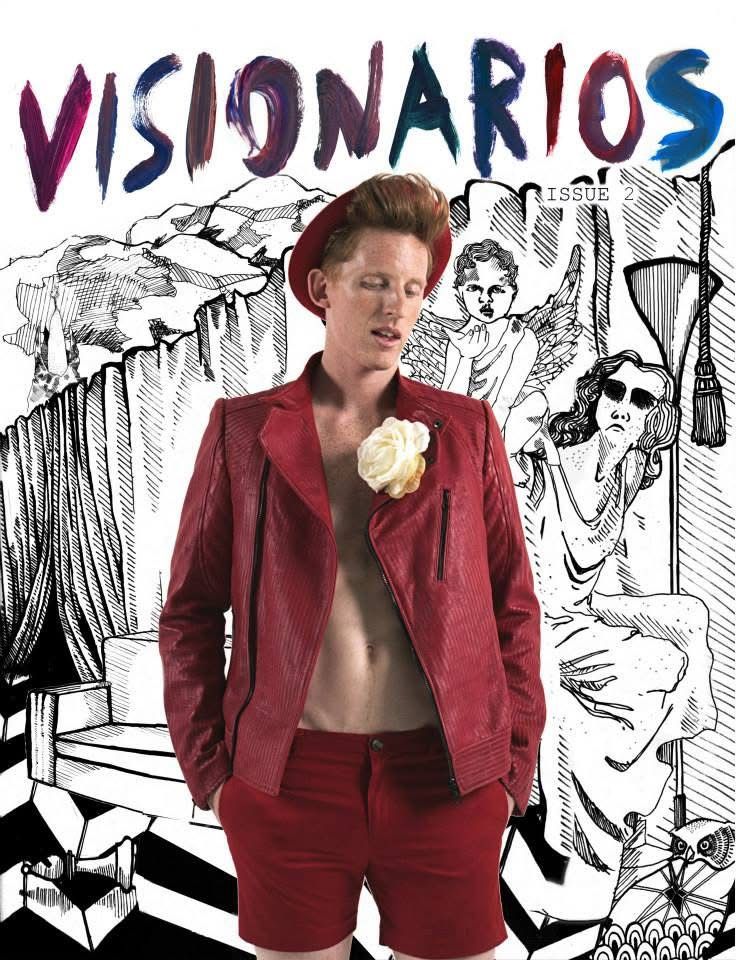 Alternate Visionarios Magazine Issue 2 cover styled by Quentin Fears: a red perforated leather jacket worn open over red shorts, a red brimmed hat and a white rose