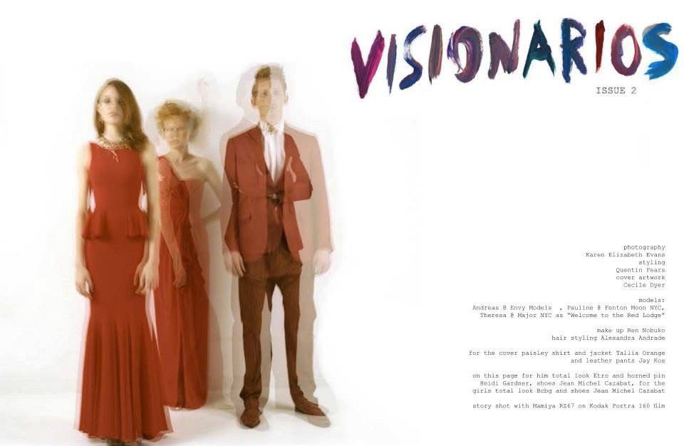Welcome to the Red Lodge opening spread in Visionarios Magazine Issue 2: three models in red, styled by Quentin Fears, photographed by Karen Elizabeth Evans
