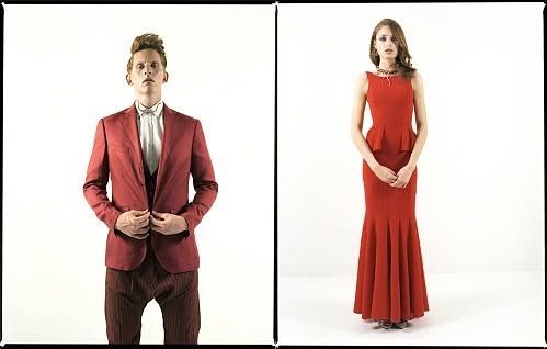 Welcome to the Red Lodge, Visionarios Magazine: a red suit with pinstripe trousers beside a red peplum gown, shot on film